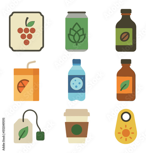 Beverage Label Icons. Flat icon set of beverage label branding: wine label, beer can wrap, cold brew bottle,