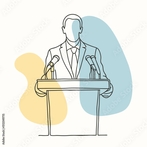 Minimalist Line Art of a Speaker at Podium with Microphones and Color Accents