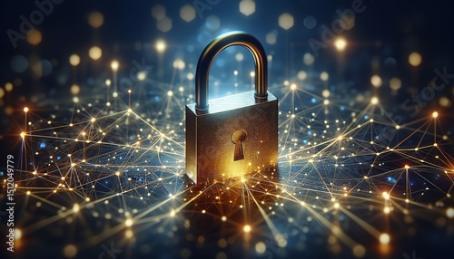 A glowing padlock surrounded by abstract digital connections represents cybersecurity and online data protection.
