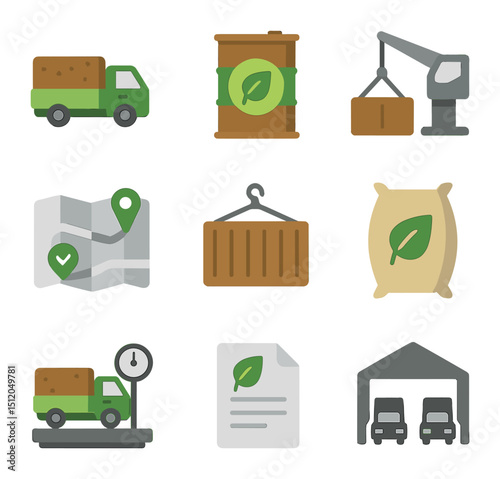 Biomass Logistics Icons. Flat icon set of biomass logistics: biomass delivery truck, biofuel barrel, loading