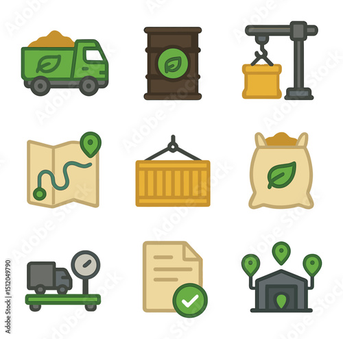 Biomass Logistics Icons. Flat icon set of biomass logistics: biomass delivery truck, biofuel barrel, loading