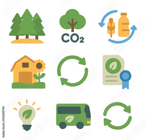 Biomass Sustainability Icons. Flat icon set of biomass sustainability practices: sustainable forest, carbon