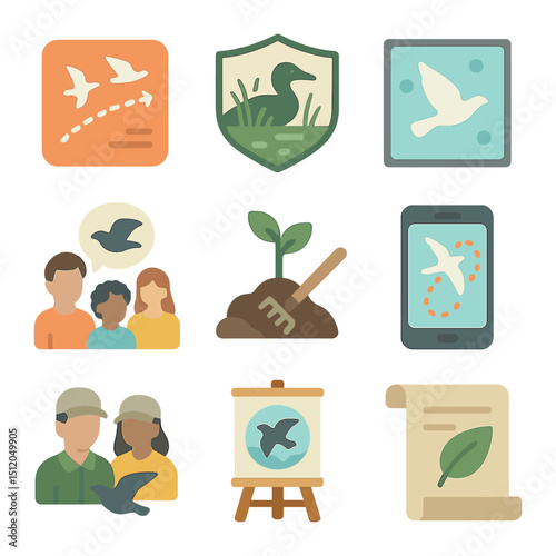 Bird Conservation Icons. Flat icon set of bird conservation during migration: migration corridor sign,
