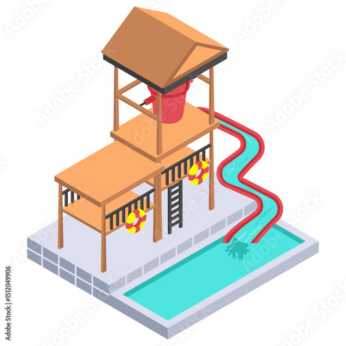 Beach Side Speed Slider isometric Concept, River Slider with Rescue Ring vector icon design, water world symbol, recreation play ground Sign, Amusement or theme park stock illustration