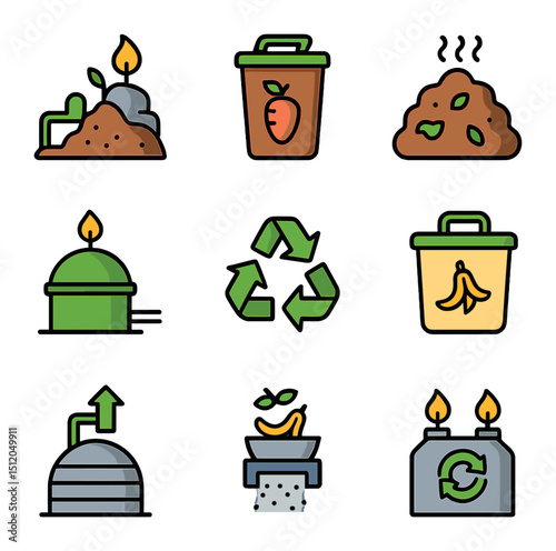 Biomass Waste Icons. Flat icon set of waste-to-energy biomass: landfill gas system, organic bin, compost pile,