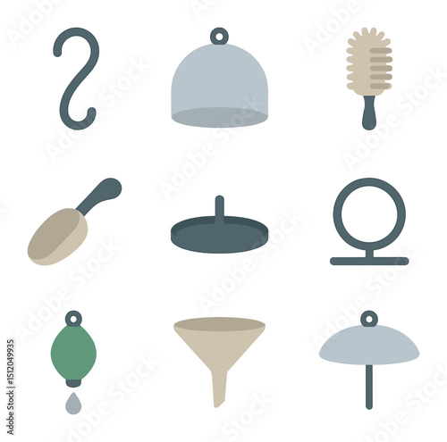Bird Feeder Icon Set. Flat icon set of bird feeder accessories: hanging hook, anti-squirrel dome, feeder brush