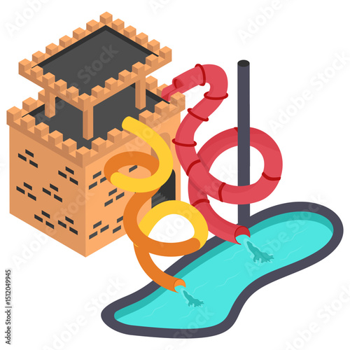 twist and turn water slides isometric Concept,  longest  inner-tube play area with pool vector icon design, water world symbol, recreation play ground Sign, Amusement or theme park stock illustration