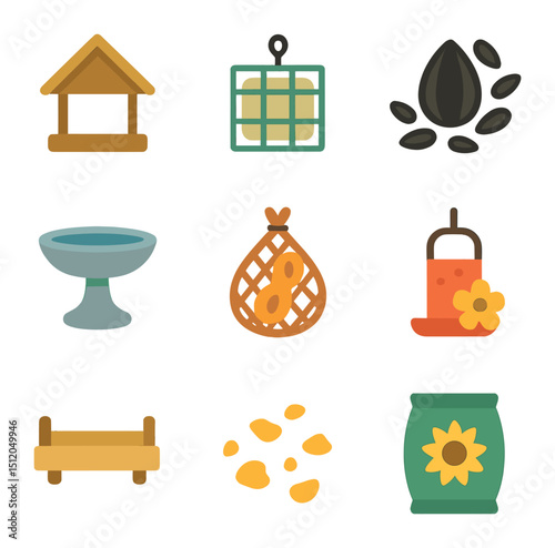 Bird Feeding Icons. Flat icon set of feeding birds: bird feeder, hanging suet cage, sunflower seeds, birdbath,