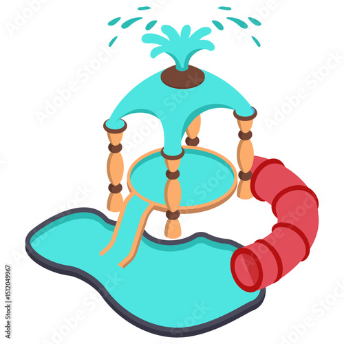 Lazy River Pool with Tube isometric Concept, Fountain Splash with Pipe vector icon design, water world symbol, recreation play ground Sign, Amusement or theme park stock illustration