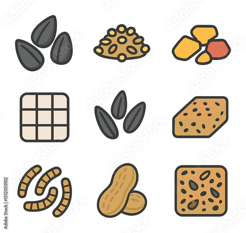 Bird Food Icons. Flat icon set of common bird food types: black oil sunflower seeds, millet mix, cracked corn,