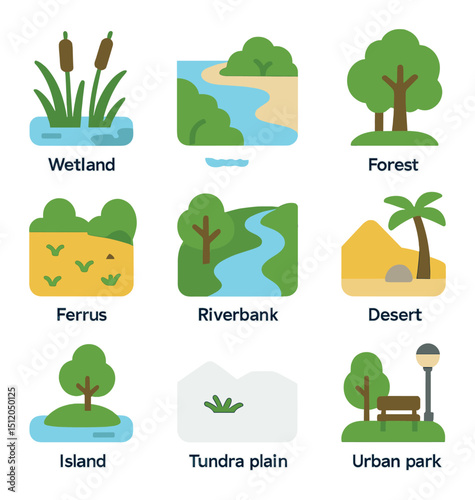 Bird Habitats Icon Set. Flat icon set of habitats for migratory birds: wetland marsh, coastal estuary, forest