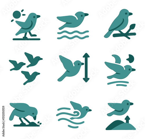 Bird Migration Icons. Flat icon set of migration behaviors: early takeoff, gliding over sea, resting on branch