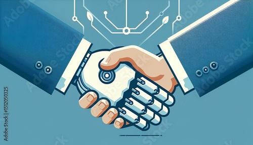 A handshake between a human and a robot symbolizes the collaboration and partnership between technology and humanity.
