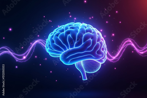 Innovation, creative and business idea concept with digital neon human brain on dark technological background. AI