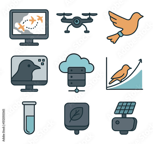 Bird Migration Tech Icons. Flat icon set of bird migration tech and science: migration simulation screen,