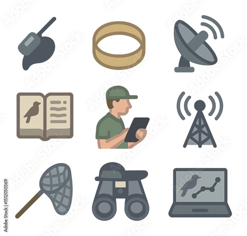 Bird Migration Tools Icons. Flat icon set of bird migration tools: satellite tracking tag, lightweight band,