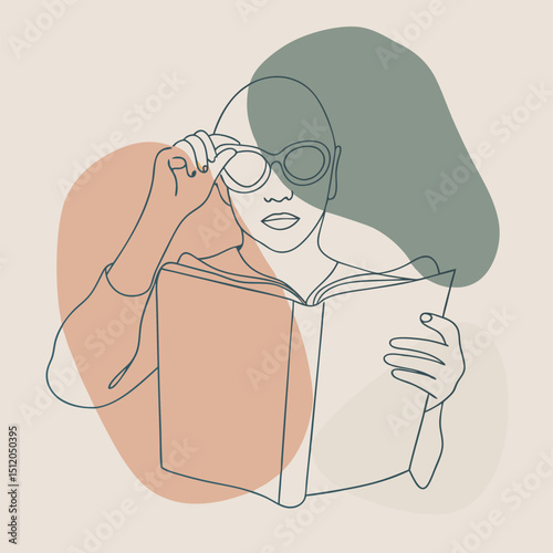 Minimalist Line Art Woman with Glasses Reading Book in Earthy Tones Design