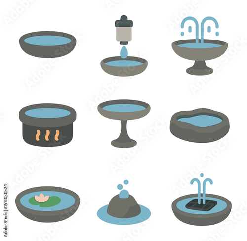 Birdbath Icon Collection. Flat icon set of water features for birds: shallow birdbath, water dripper, fountain