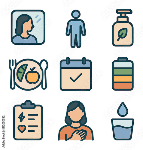 Body Awareness Icons. Flat icon set of body awareness and care: mirror reflection icon, body scan figure, skin