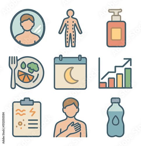 Body Awareness Icons. Flat icon set of body awareness and care: mirror reflection icon, body scan figure, skin