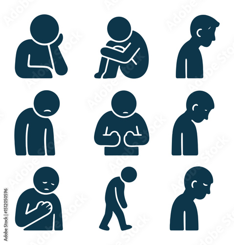 Body Language Sadness Icons. Flat icon set of sadness through body language: head resting on hand, arms