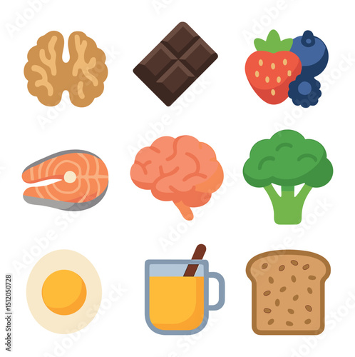 Brain-Boosting Foods Icons. Flat icon set of brain health nutrition: walnuts, dark chocolate, berries, fatty