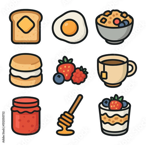 Breakfast Icon Set. Flat icon set of breakfast and brunch treats: buttered toast, poached egg, granola bowl,