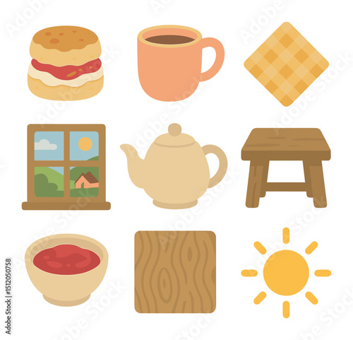 British Breakfast Icons. Flat icon set of British countryside breakfast: scone with cream and jam, tea mug,