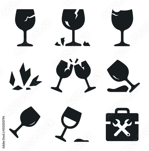 Broken Glass Icon Set. Flat icon set of broken and chipped wine glasses: cracked stem, shattered bowl, chipped