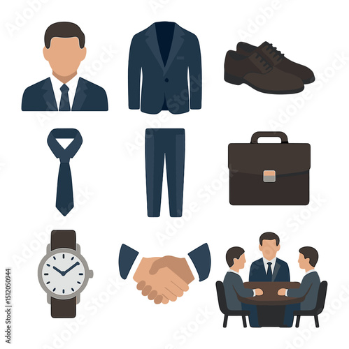 Business Icons Grid. Flat icon set of a man wearing a tailored suit and leather shoes at a business meeting:
