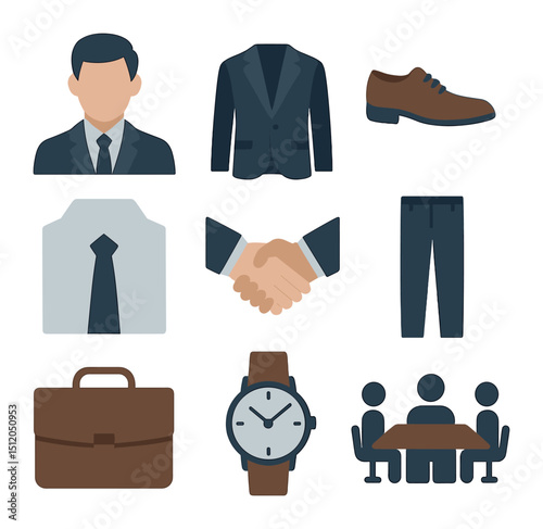 Business Icons Grid. Flat icon set of a man wearing a tailored suit and leather shoes at a business meeting: