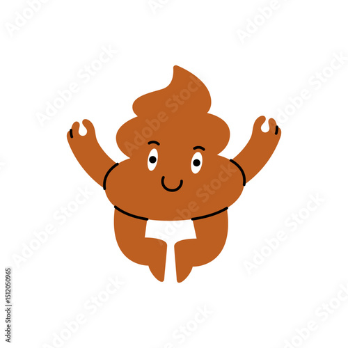 Cartoon poop character levitating in the air with a peaceful smile, humorous and magical vibe. Vector illustration.