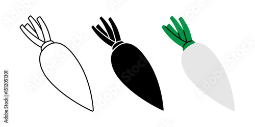Radish icon set. Fresh organic vegetable symbol for kitchen, menu, food package design. Vector illustration