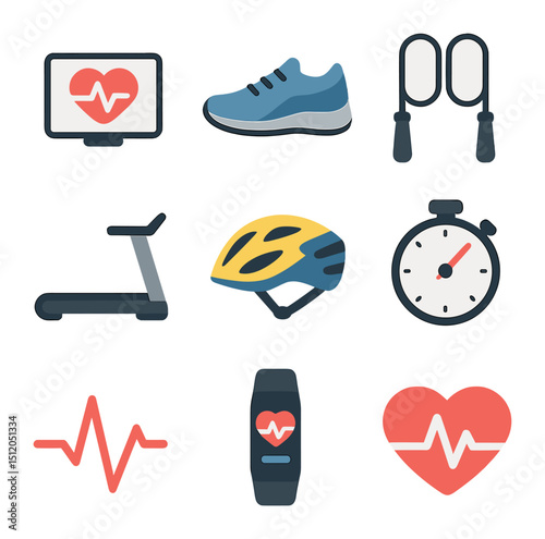 Cardio Fitness Icons. Flat icon set of cardiovascular health: heart rate monitor, running shoes, jump rope,