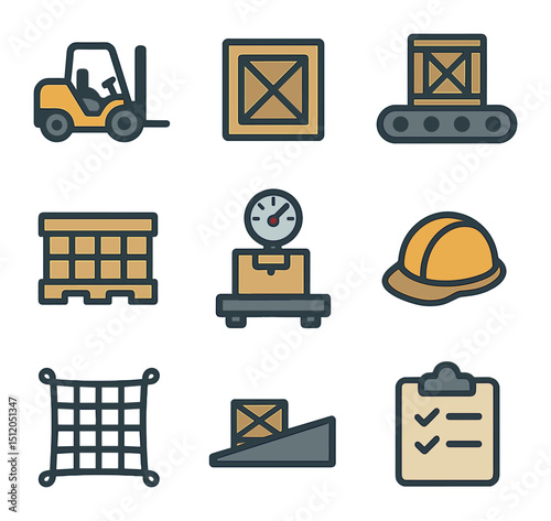 Cargo Logistics Icons. Flat icon set of cargo loading logistics: forklift, crate box, cargo belt, pallet icon,