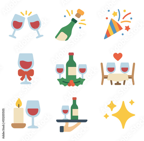 Celebratory Wine Icons. Flat icon set of celebratory wine icons: wine glass toast, bottle pop, confetti icon,