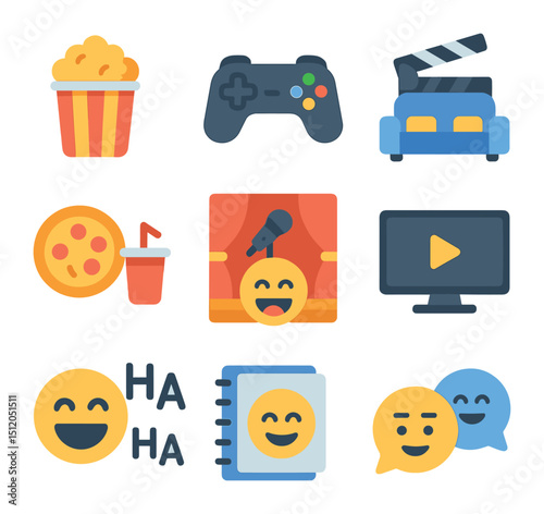 Casual Hangout Icons. Flat icon set of humor in casual hangouts: popcorn bowl, game controller icon, movie