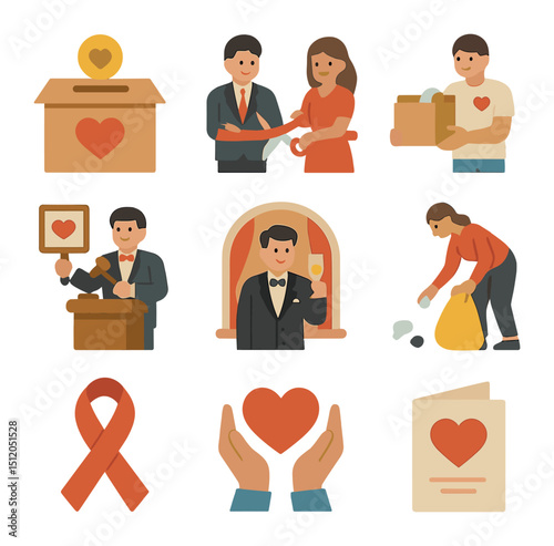 Celebrity Charity Icons. Flat icon set of celebrity charity work: donation box, ribbon cutting, volunteer