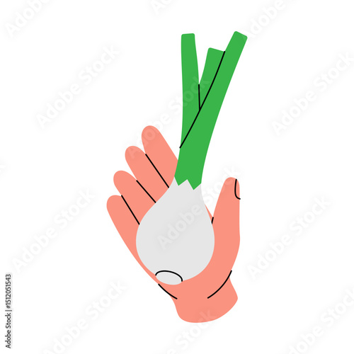 Hand holding a fresh onion. Healthy eating, vegan food and organic lifestyle concept. Organic farm vegetable. Vector illustration.