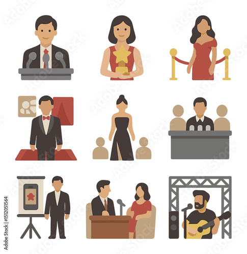 Celebrity Event Icons. Flat icon set of celebrity appearances at events: press conference, award ceremony,