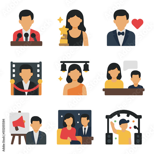 Celebrity Event Icons. Flat icon set of celebrity appearances at events: press conference, award ceremony,
