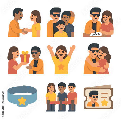 Celebrity Fan Icons. Flat icon set of celebrity fan interactions: handshake, group photo, personalized