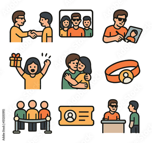 Celebrity Fan Icons. Flat icon set of celebrity fan interactions: handshake, group photo, personalized
