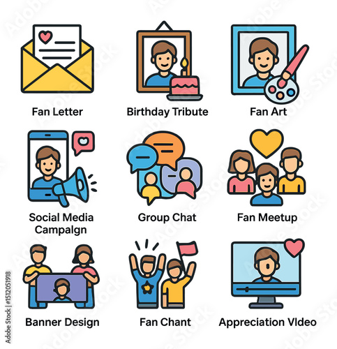 Celebrity Fan Club Icons. Flat icon set of celebrity fan club activities: fan letter, birthday tribute, fan