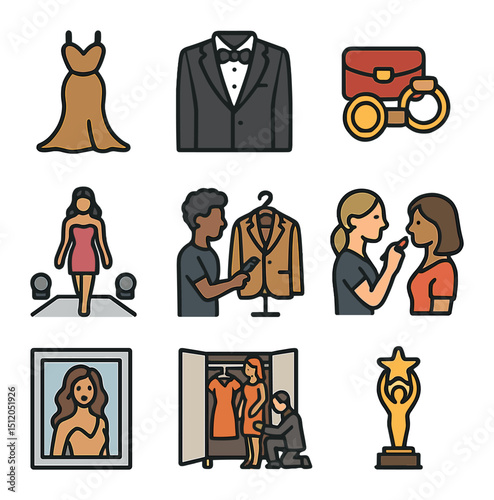 Celebrity Fashion Icons. Flat icon set of celebrity fashion moments: designer gown, tuxedo, fashion accessory,