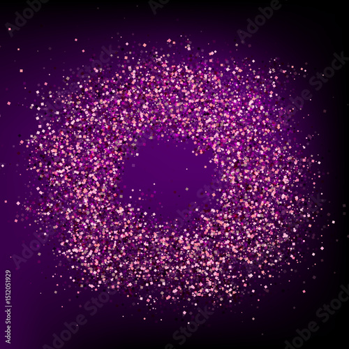 Purple and pink glitter explosion forming a festive circle. Vibrant confetti vector background perfect for celebrations, party designs. A sparkling abstract magenta pink texture.