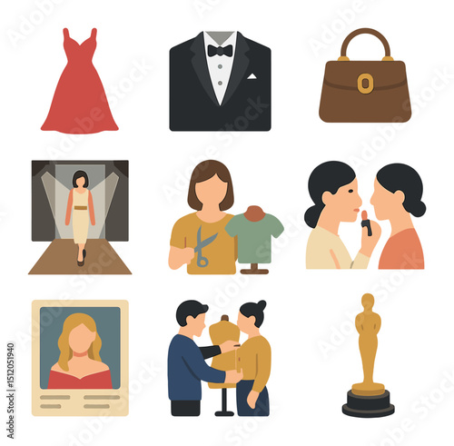 Celebrity Fashion Icons. Flat icon set of celebrity fashion moments: designer gown, tuxedo, fashion accessory,