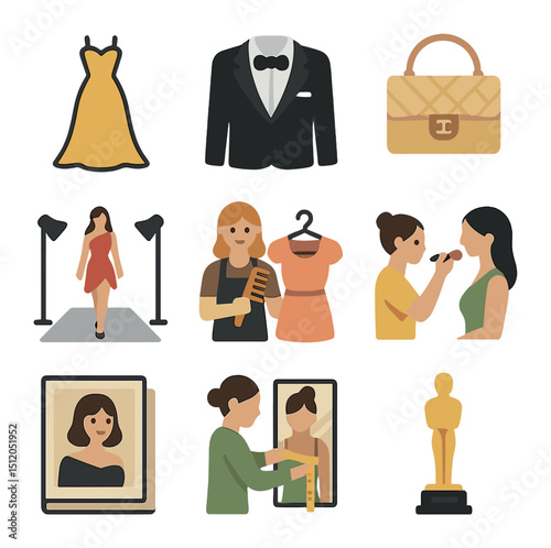 Celebrity Fashion Icons. Flat icon set of celebrity fashion moments: designer gown, tuxedo, fashion accessory,