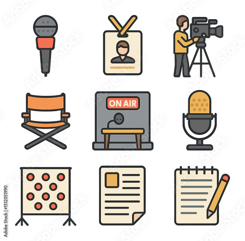 Celebrity Interview Icons. Flat icon set of celebrity interviews and media: microphone, press badge, camera