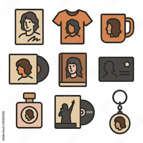 Celebrity Merchandise Icons. Flat icon set of celebrity merchandise: signed poster, branded t-shirt,